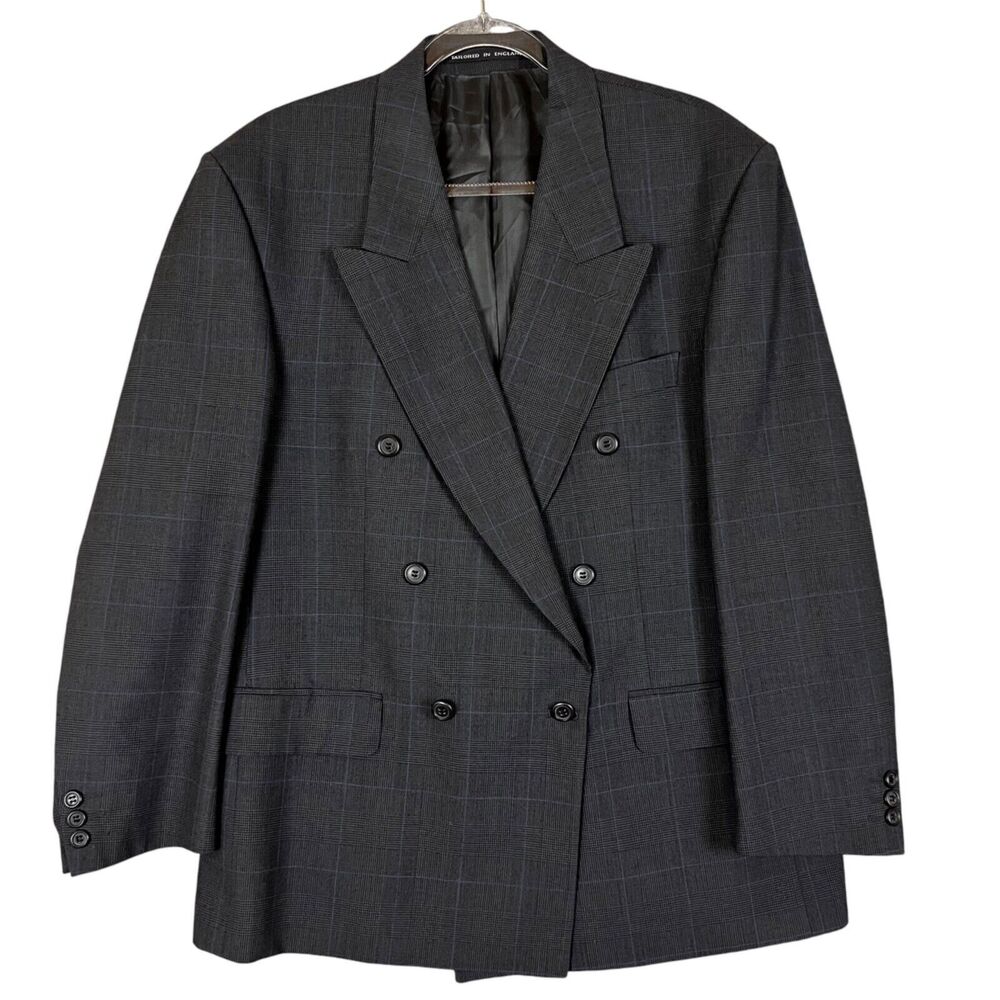 Alexandre Of England Double Breasted Suit Blazer Jacket 42S Gray Blue Plaid Wool